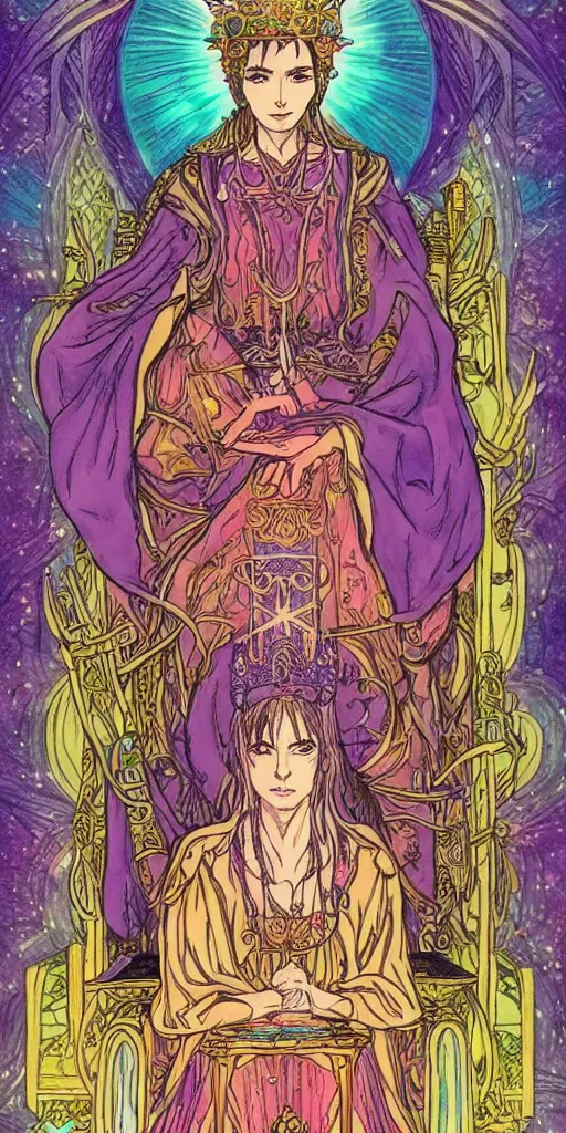 Prompt: a mystical woman priestess sitting on a throne, the divine feminine, drawn by studio UFOTABLE, psychedelic, fine line work, pastel colors, Tarot cards. The empress tarot card