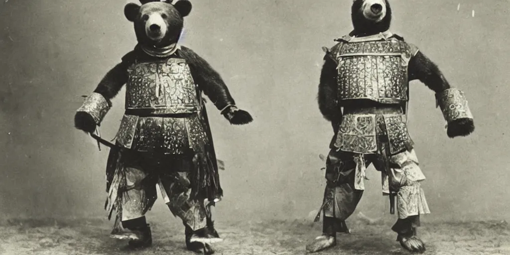 Prompt: anthropomorphic bear in samurai armor, 1900s photo