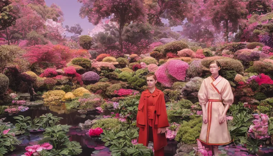 Image similar to , movie still by wes anderson of a beautiful girl wearing gucci exploring a magical japanese garden of flowers, glowing temple in the distance, floating deity heads, magic details, cinestill 8 0 0 t eastmancolor technicolor, high quality, very detailed, heavy grain, fine facial features, 8 k, octane render