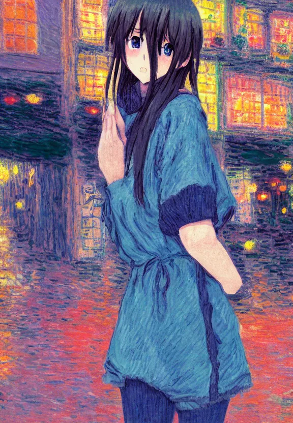 Image similar to wide angle portrait of a teenage girl, a thrifty outfit, somewhat of an anime in impressionist style, city street view background, starlit night sky, trending artwork, illustrated in anime painter studio, by claude monet and an anime artist, collaboration