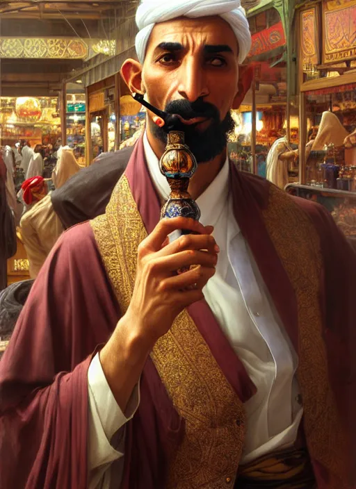 Image similar to an arabian man smoking a pipe in the market, shiny, fantasy, intricate, elegant, hyper detailed, ultra definition, photoreal, artstation, unreal engine rendered, concept art, smooth, sharp focus, illustration, art by artgerm and greg rutkowski and alphonse mucha and garis edelweiss