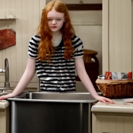 Prompt: sadie sink face popping out of a kitchen sink