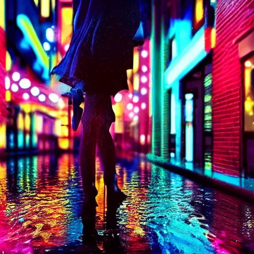 Prompt: advanced digital anime art, invisible girl dancing in the rain on a neon lit street, water reflections.