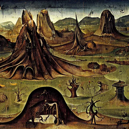 Prompt: intricate, detailed painting of Caelid landscape and its monsters by Hieronymous Bosch, concept art, illustration