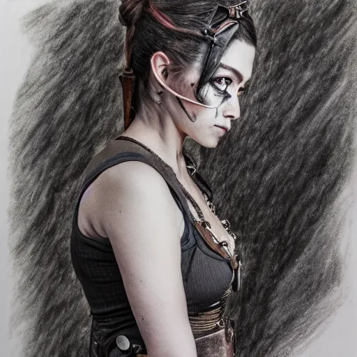 Prompt: hyper realistic full body pencil drawing of a woman steampunk facing the camera, standing on a road, water color, detailed, diffused, intricate,