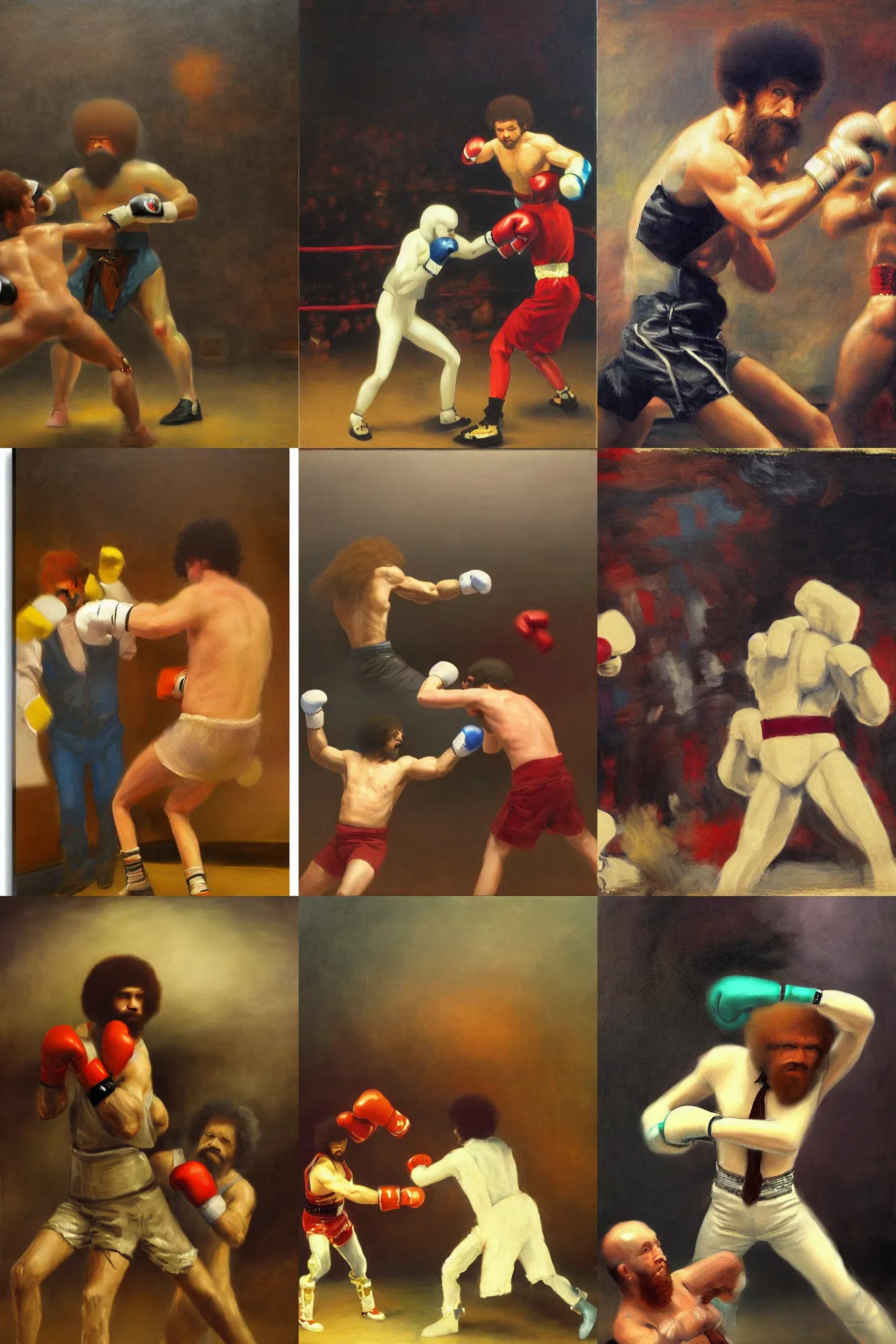 Prompt: a man dressed as Bob Ross is fighting against a robot in a boxing ring, Tonalism, Atmospheric painting, detailed