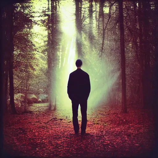 Image similar to square polaroid photo of a guy with standing in a dark fantasy forest, back view, lens flare, moody lighting, moody vibe, telephoto, 9 0 s vibe, blurry background, grain, tranquil, calm, faded!,