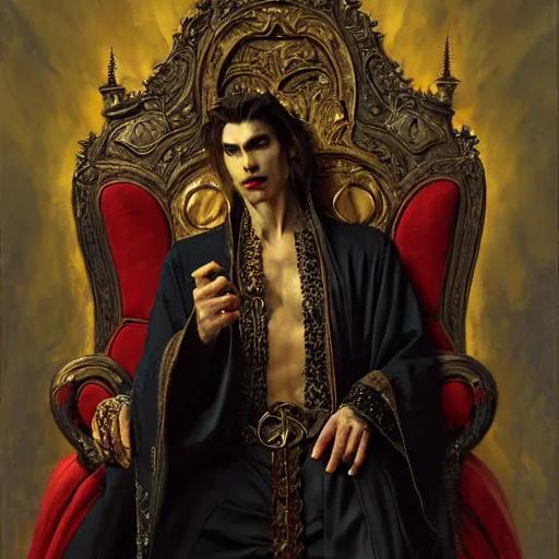 Image similar to perfectly centered portrait of attractive vampire king in a robe sitting on a throne of bones, highly detailed painting by gaston bussiere, craig mullins, j. c. leyendecker, 8 k