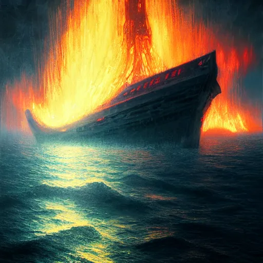 Prompt: UHD photorealistic Cosmic Ghost ship in a radioactive lake of fire, in the style of tonalism by Greg Rutkowski, trending on Artstation, hyperrealistic, correct details