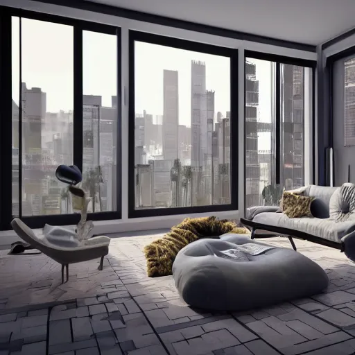 Image similar to high resolution concept art of an apartment living room overlooking a large futuristic city with floor to ceiling windows and mid century modern furniture and a sad clown sitting on the couch cinematic lighting cgsociety