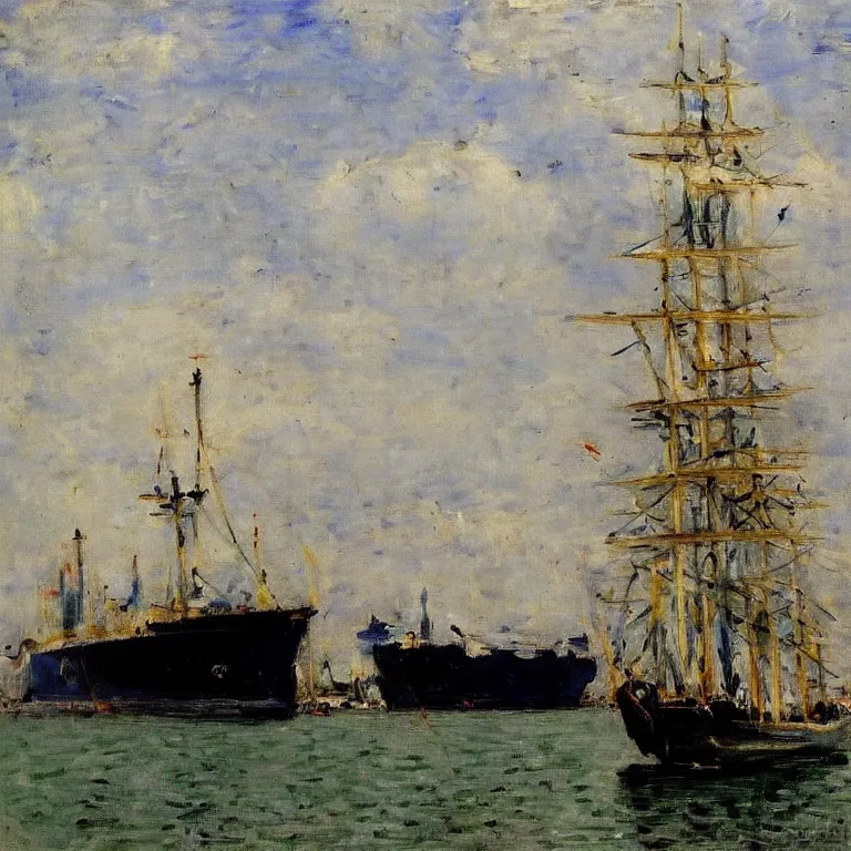 Image similar to a master painting of a big ship docked at the harbor, sharp focus, very detaied, by berthe morisot