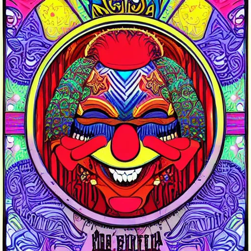 Prompt: Fillmore concert poster for The Bozone by Wes Wilson and Rick Griffin, psychedelic, intricate paisley filigree Bozo the clown. red clown nose, mandala, day-glo colors, blue and white color scheme, flowing lettering