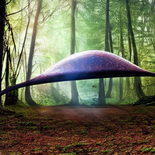 Prompt: an alien spaceship landing in a forest, ultra realistic, hyper real, photo real,