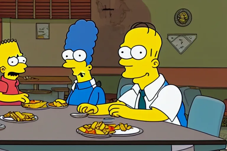 Prompt: still frame from The Simpsons, Superintendent Chalmers and Principal Skinner sitting at a table eating hamburgers