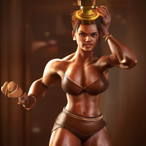 Prompt: a short young genie, with spikey short brown hair, brown skin, abs, a confident smile, emerging from her lamp and flexing her bicep, trending on artstation, 4k, hyperrealistic, focused, extreme details, unreal engine 5, cinematic, masterpiece