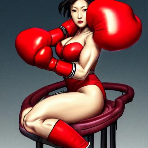 Image similar to 8K photorealistic Portrait of Chun-Li wearing red boxing gloves, sitting on a chair, intricate upper body, whole body, highly detailed, digital painting, artstation, concept art, smooth, sharp focus, illustration, art by Hajime Sorayama