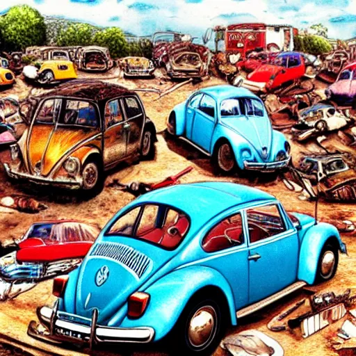 Prompt: highly detailed illustration of a bunch of volkswagen beetles and the british group the beatles battling on a junkyard battleground, color restoration