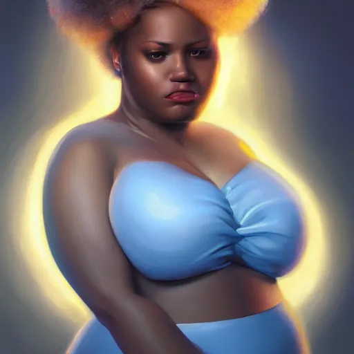 Image similar to beautiful oil painting of a fat light skinned woman with an afro, beautiful eyes, artstation, volumetric lights, highly detailed, concept art, sharp focus, beautiful face