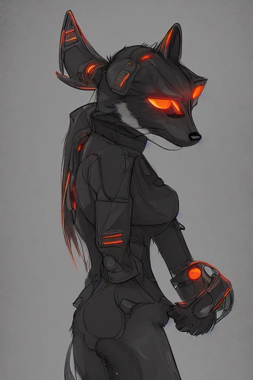 Image similar to an anthropomorphic cyberpunk fox, backlighting, trending on artstation, digital art, furry art, trending on furaffinity, fantasy art, by kawacy, view from side, fluffy tail