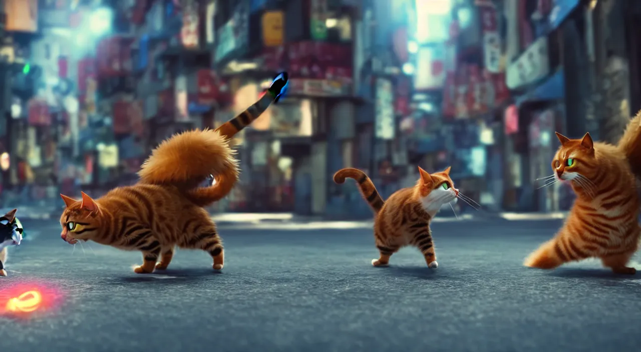 Image similar to hyperrealistic pokemon fighting a cat in the streets of dystopian tokio cinematic lighting 8k wide angle shallow depth of field