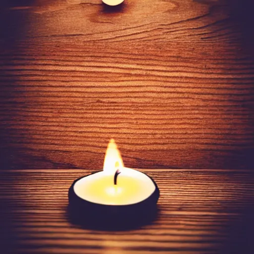 Image similar to a polaroid photograph of an egg, sitting on top a table with a burning candle. minimalistic, natural light, wood grain table top. swirling wood grain.