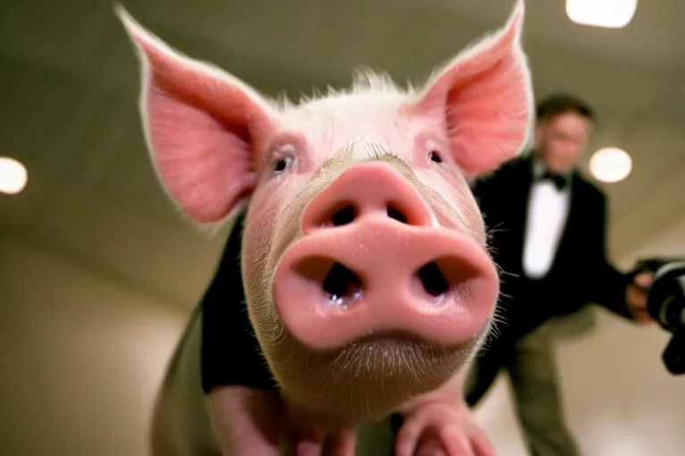 Image similar to movie scene closeup pig wearing a suit at a podium yelling. by emmanuel lubezki
