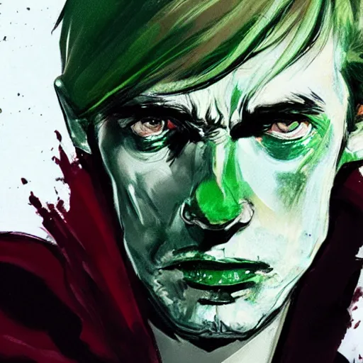 Image similar to peter o'toole, messy green hair, white face, red lips, portrait, realistic, concept art, lee bermejo, influenced by lawrence of arabia