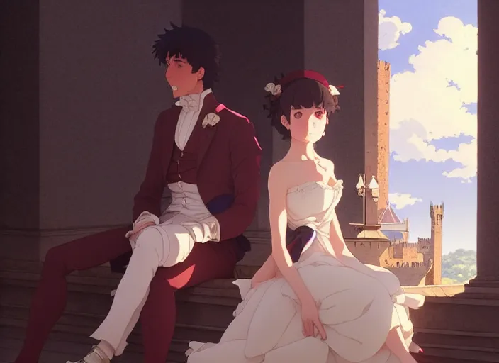 Image similar to wealthy couple william and fanny nightingale, honeymoon in florence italy 1 2 may 1 8 2 0, delicate features finely detailed perfect art, gapmoe yandere grimdark, trending on pixiv fanbox, painted by greg rutkowski makoto shinkai takashi takeuchi studio ghibli