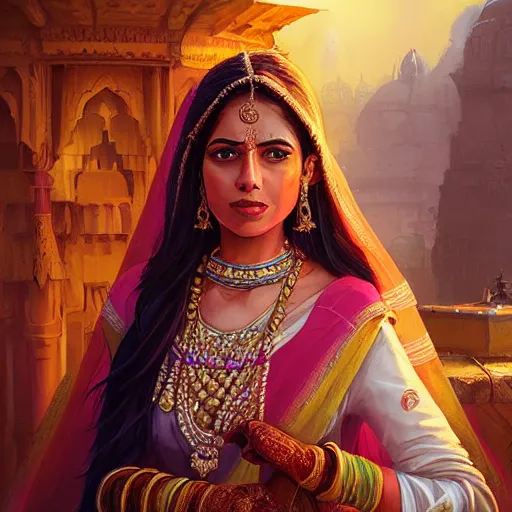 Prompt: portrait of Beautiful indian bride , full of details, matte painting, concept art, smooth, by Jordan Grimmer and by artgerm and by krenz cushart