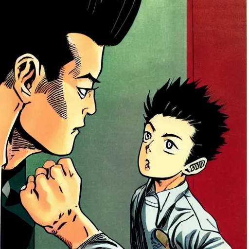 Image similar to young boy angry with pompadour hair, art by katsuhiro otomo, tetsuo hara, hirohiko araki, jotaro kujo, banchou, action pose, manga cover