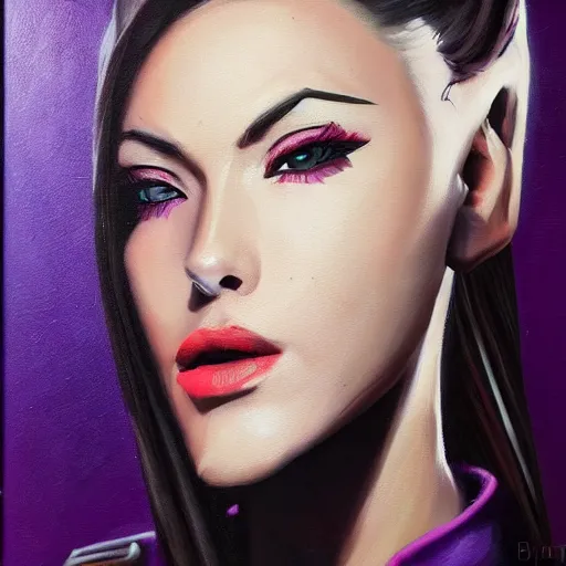 Prompt: oil painting of widowmaker from overwatch in the desert, black and purple jacket, beautiful face, detailed eyes, very detailed face, feminine face, full body