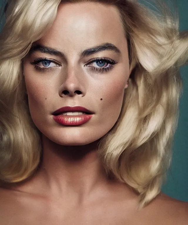 Image similar to a color photograph of margot robbie, by thomas ruff, platinum blond, intense, bold, exaggerated, ultra sharp, extra details, ultra high quality, trending on pinteresst