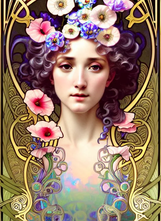 Image similar to poppy flowers, rococo and art nouveau fusion, iridescent diaphanous refractive and reflective flower bouquet, tarot card, highly detailed, deep focus, elegant, digital painting, smooth, sharp focus, illustration, ultra realistic, 8 k, art by artgerm and alphonse mucha