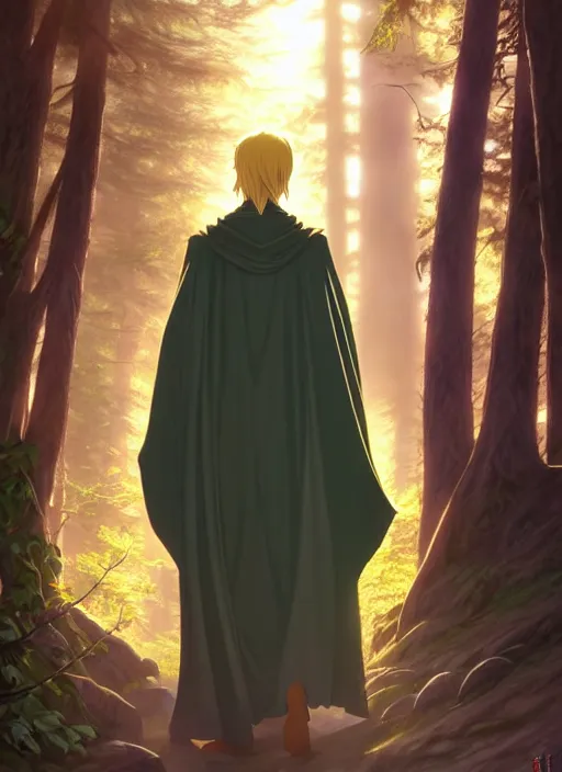 Image similar to slender young man with shoulder length shiny and sparkling golden blond hair, from behind, wearing a travelling cloak, lost in a forest, natural lighting, path traced, highly detailed, high quality, digital painting, by don bluth and ross tran and studio ghibli and alphonse mucha, artgerm