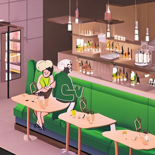 Image similar to cute and funny cartoon of australian cafe teaching customers how to smoke cannabis for the first time, axonometric render by pixar