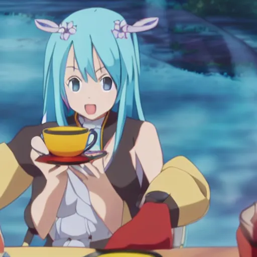 Prompt: Aqua from KonoSuba drinking tea, anime, visually stunning, 8k, intense detail, focused,