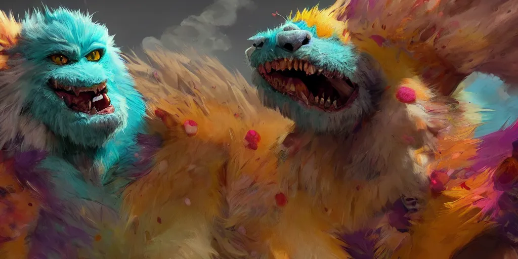 Image similar to big friendly furry monster, colorful, character sheet, greg rutkowski, zabrocki, karlkka, jayison devadas, trending on artstation, 8 k, ultra wide angle, zenith view, pincushion lens effect