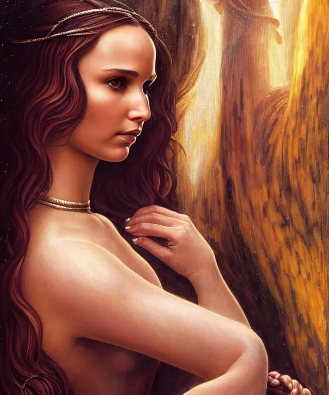 Image similar to half nathalie portman half Jennifer lawrence a fantasy magic woman portrait by Sandro Botticelli, oil painting masterpiece, sci-fi, amber eyes, face, long hair, fantasy, intricate, elegant, highly detailed, digital painting, artstation, concept art, smooth, sharp focus, illustration, art by artgerm and greg rutkowski and alphonse mucha