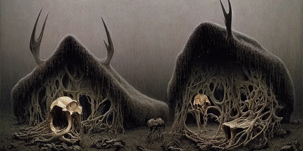 Image similar to cozy hut made out of a giant moose skull, Zdzislaw Beksinski, Wayne Barlowe, gothic, cosmic horror, dystopian, biomorphic, lovecraftian, amazing details, cold hue's