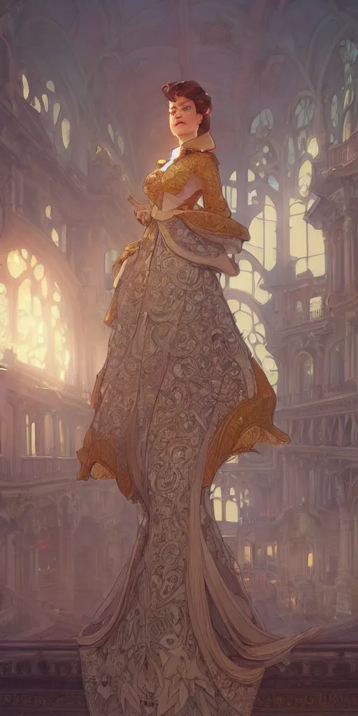 Image similar to mayors daughter, smart, clever, cheeky, elegant fantasy dress, town hall, intricate, highly detailed, digital painting, artstation, concept art, smooth, sharp focus, illustration, Unreal Engine 5, 8K, art by artgerm and greg rutkowski and alphonse mucha, by Jesper Ejsing