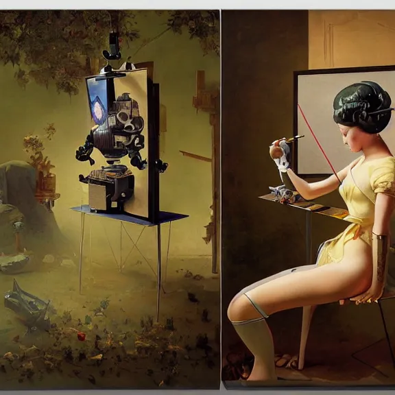 Image similar to robot artist painting a self - portrait on a canvas. intricate, highly detailed, photorealistic, film still, by gil elvgren, sachin teng, carl spitzweg, hans thoma, alexandros pyromallis.