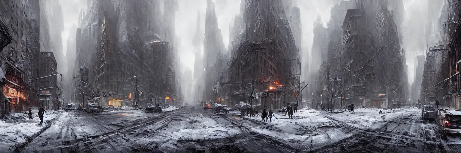 Image similar to Street in post apocalyptic Manhattan new york after a Blizzard, snow Storm, dramatic lighting, cinematic, establishing shot, extremly high detail, photo realistic, cinematic lighting, post processed, concept art, artstation, matte painting, style by eddie mendoza, raphael lacoste, alex ross