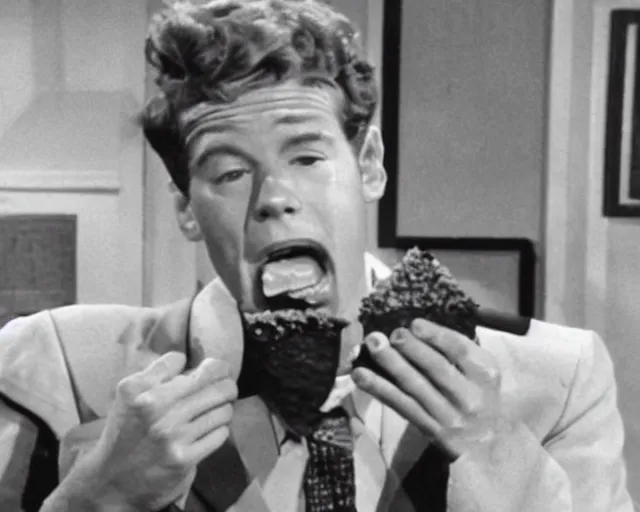 Prompt: Wally Cleaver eating a Choco Taco on Leave It To Beaver, black and white television still