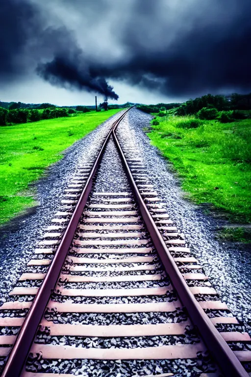 Image similar to shiny metal train track through clouds, award winning cinematic still