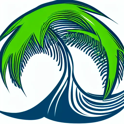 Prompt: waves in front of a palm tree in front of a giant volleyball vector logo, professional sports style, flat colour, svg, professional, sharp edges