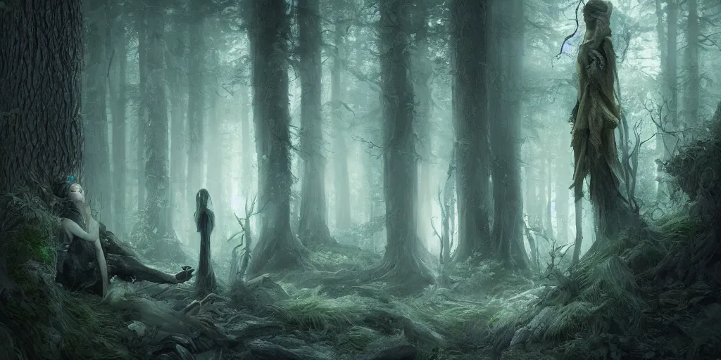 Prompt: a portrait of the ghost lady of the forest with wood spirit in the trees with will o the wisp, photorealistic, by greg rutkowski, wlop, 4 k resolution h 7 6 8