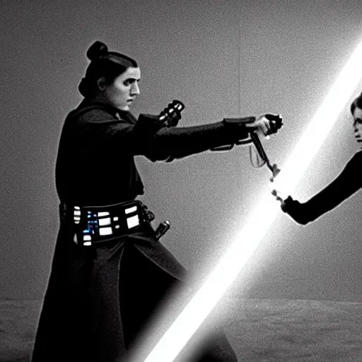 Image similar to film still of princess leia fighting darth vader in a lightsaber battle, star wars, 1 9 7 0, kodak, film, lightsabers, dramatic lighting, epic