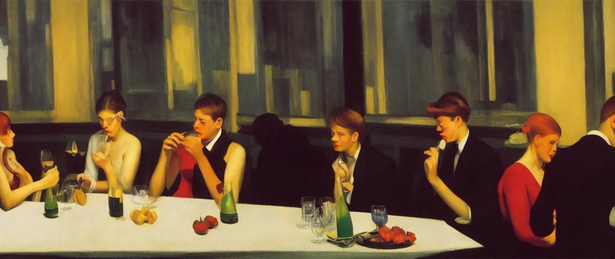 Prompt: an edward hopper painting of a young gen z group of friends having wine at a dinner party