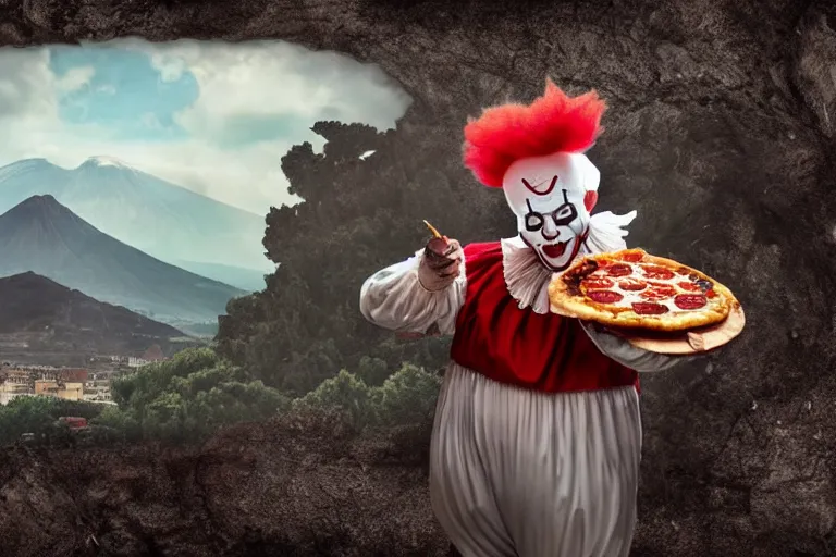 Image similar to pennywise as pulcinella!!! holding a pizza! with vesuvius in the background, glowing pools of lava, cloudy sky, an ultrafine detailed painting by joe fenton, full body, wide angle, post - apocalyptic feel, big depth of field, 3 d octane render, 4 k, perfect symmetrical face, masterpiece, hyperrealistic, trending on deviantart