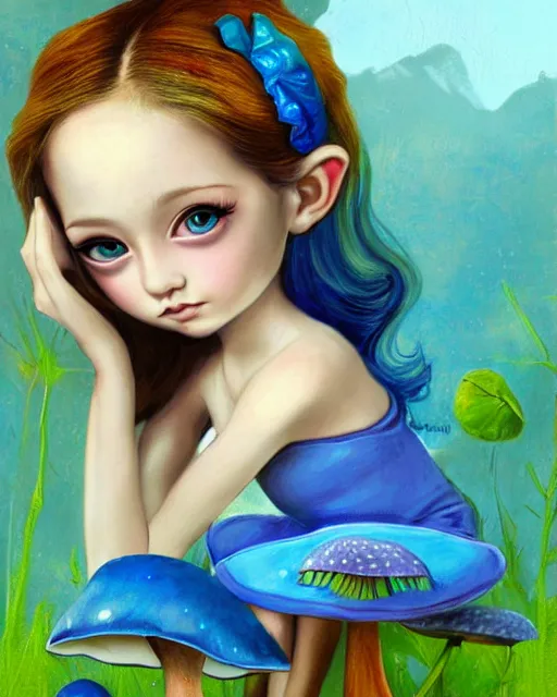 Prompt: matte painting, sharp beautiful little girl with blue dress sitting on a mushroom painted by jasmine becket - griffith